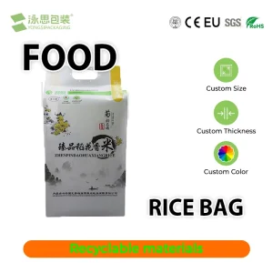 Custom Design Logo Rice Mono PE Packaging Bags Food Grade 5kg 10kg 25kg 50kg Rice Bag With Handle 100% Recyclable