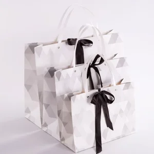 Custom Digital Printed Luxury Gift Paper Bags Flat Hand Length Handles Satin Ribbon Bow for Supermarket Promotion All Occasions