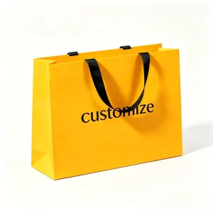 Custom Eco Friendly Classic Matte Yellow Paperboard Gift Bag with Black Ribbon Handle