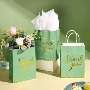 Custom Eco Friendly Kraft Paper Thank You Gift Bags Gold Polka Dots Thank You Bags with Handle for Party Favor