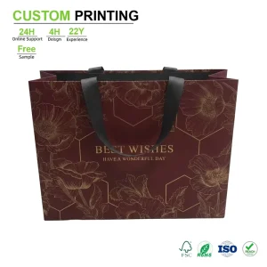 Custom Eco Friendly Luxury Floral Art Paper Tote Matte Burgundy Finish Black Ribbon Handle for Craft Candle Packaging
