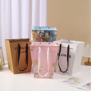Custom Eco-Friendly Recyclable Luxury Gift Bags for Fresh Flowers Trapezoidal Bouquet Paper Handbag