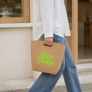 Custom Eco Friendly Recyclable Natural Kraft Paper Shopping Bag Die Cut Handles Neon Green Logo Printing for Fashion Clothing