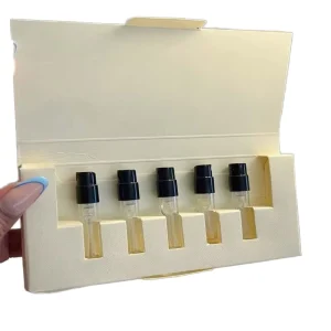 Custom Eco Friendly Recycled Materials Rigid Boxes Perfume Sample Set with Embossed Art Design Gold Foil & UV Coating