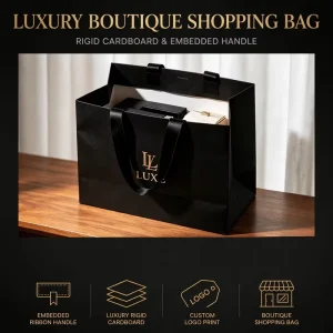 Custom Embedded Ribbon Handle Luxury Rigid Cardboard White Paper Bag for Shopping Boutique with Logo Print