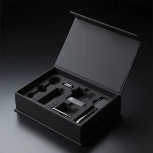 Custom Embossed Magnetic Closure Rigid Electronics Packaging Paperboard Box Thick Black Recyclable Recycled Materials