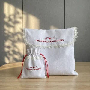 Custom Embroidery Logo White Linen Recyclable Drawstring Envelope Dust Bag Luxury Lace Clothes Dust Pouch