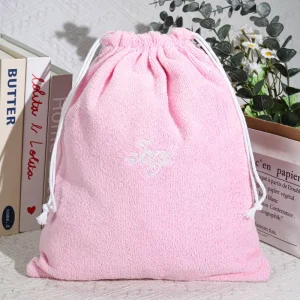 Custom Fabric Terry Drawstring Skincare Product Cosmetic Storage Dust Bag Logo Printed Headwear Hair Bundle Packing Pouch
