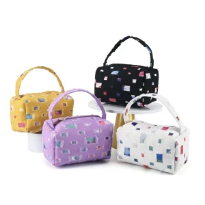 Custom Fashionable Eco Cosmetic Make up Storage Personality Patchwork Denim Shopping Pouch Bags with Zipper and Handle
