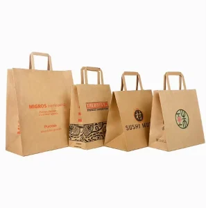 Custom Flat Rope Tote Bag Biodegradable Tote Style Kraft Paper Takeaway Food Packaging Clothing Drink Enterprise Promotion