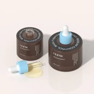 Custom Flat Round Amber Glass Dropper Bottle With Light Blue Plastic Collar for Oil Control Pore Minimizing Serum Packaging