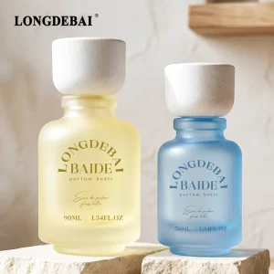 Custom Frosted Empty 50ml 90ml 100ml Yellow Glass Spray Perfume Bottles Crimp Round Perfume Bottle with Plastic Cap