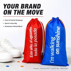 Custom Full Print Logo Nylon Polyester Large Drawstring Bag Shoe Clothes Travel Packaging Dust Bag