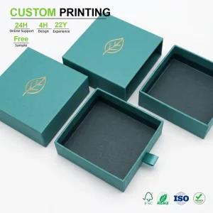 Custom Gold Foil Embossed Leaf Logo Drawer Box Sponge Magnetic Closure Teal Blue Matte Premium Necklace Earring Packaging Bulk