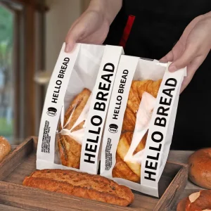 Custom Gravure Printed Bakery Kraft Greaseproof Moisture Proof Bread Bags with Clear Window French Baguette Packaging