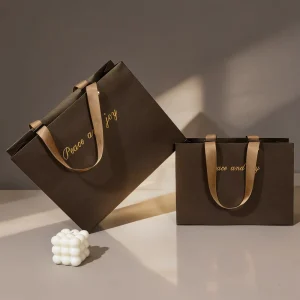 Custom Handmade Brown Virgin Wood Pulp Paper Bag Hot Stamping Ribbon Handle for Watches No Minimum Order Luxury Shopping Bags