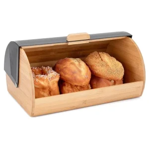 Custom High Capacity Storage Bamboo and Metal Bread Bin Storage Box Container Bamboo Bread Box Holder with Lid for Kitchen
