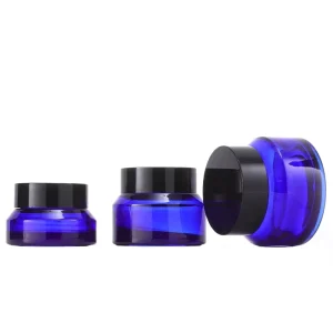 Custom High Quality Blue Glass Cream Jar Empty 15ml 30ml 50ml Blue Glass Jar With Black Lid