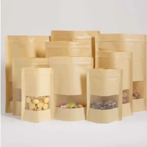 Custom High Quality Kraft Paper Bags Including Stand Up Pouches with Transparent Window and Zipper Closures
