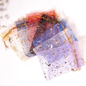 Custom Hot Gold Printing Moon and Star Organza Pouch Organza Drawstring Gift Bags for Jewelry