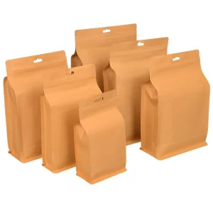 Custom Kraft Paper 8 Side Seal Flat Bottom Pouch with Degassing Valve Food Grade Aluminum Foil Laminated Bag for Coffee Nuts