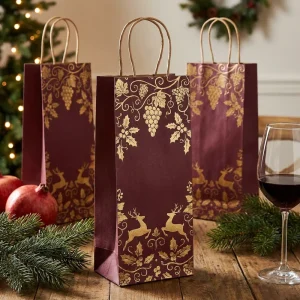 Custom Kraft Paper Christmas Wine Bags Burgundy Red with Gold Holiday Pattern for Single Double Bottle Strong Handle