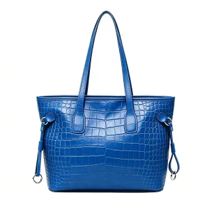 Custom LOGO Blue Genuine Leather Pebble Texture Women’s Tote Bag for Casual Shopping Bags
