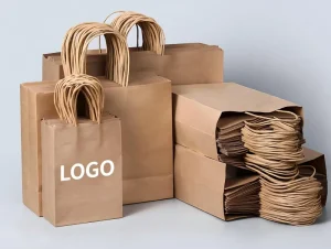 Custom Logo Available Classic Biodegradable Eco Friendly Kraft Paper Fastfood Takeout Bags Handle for Salad Food Packaging Gifts
