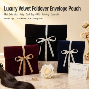 Custom Logo Black Velvet Envelope Dust Bag with Printed Ribbon Luxury Hair Handbag Clothes Packaging Pouch OEM
