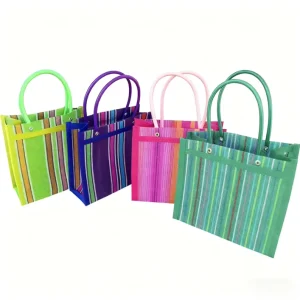 Custom Logo Colorful Striped Tote Bag Reusable Woven Plastic Handle Laminated Non woven Bag Durable Fashion Beach Handbag