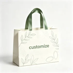 Custom Logo Cream Paper Shopping Bag Sage Green Satin Ribbon Handle Botanical Line Art Print Eco-Friendly Luxury Retail Gift Bag
