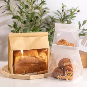 Custom Logo Design Brown Eco friendly Kraft Paper Bag with Window Zipper Food Grade for Jelly Pet Food Bread