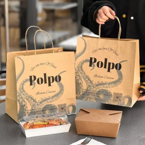 Custom Logo Design Kraft Paper Shopping Bag for Restaurant Use Printed Handles for Food Packaging Promotion