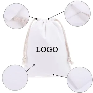 Custom Logo Dust Bag White Cotton Canvas Medium Muslin Rope Handle Zipper Closure Shopping Bag Gift Jewelry Pouch