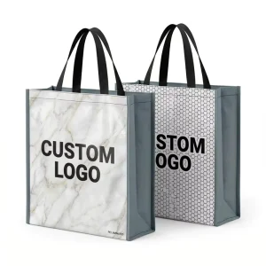 Custom Logo Eco Friendly Laminated Non Woven Shopping Bag Full Color CMYK Marble Print Reusable Tote Bag Glossy Supermarket