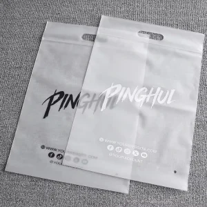 Custom Logo Frosted Plastic Shopping Bags with Die-Cut Handle Ziplock Bag for Coat & Gift Packaging