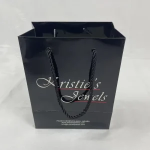 Custom Logo Glossy Black Paper Gift Bag with Twisted Rope Handles for Jewelry Luxury Retail Packaging