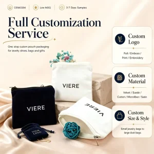 Custom Logo Jewelry Zipper Dust Pouch Canvas Cotton Bags for Gift Jewellery Rings Necklace Earrings Packaging Gift Bag