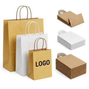 Custom Logo Kraft Paper Square Bottom Shopping Bag Twisted Flat Patch Handle Eco Friendly Recyclable Gift Bag
