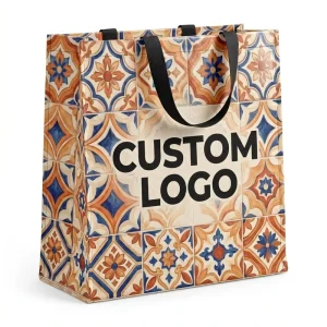 Custom Logo Laminated Non Woven Eco Friendly Recyclable Reusable Tote Bag Full CMYK Mediterranean Tile Print Glossy Supermarket
