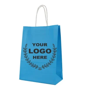 Custom Logo Light Blue Kraft Paper Bags with Twisted Handles for Gift Retail Event Packaging