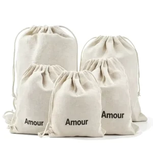 Custom Logo Linen Cotton Drawstring Bag Pouch Multi Size Natural Reusable Soft Dust Canvas Storage Bag for Food Gift Packaging