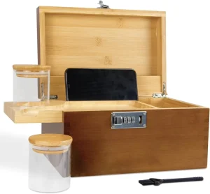 Custom Logo Lockable Bamboo Storage Box With Extendable Rolling Tray Complete Kit With Airtight Glass Jars Cleaning Brush
