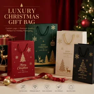 Custom Logo Luxury Christmas Gift Paper Bag with Gold Foil Ribbon Handle Premium Holiday Shopping Packaging