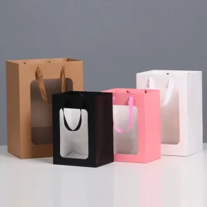 Custom Logo Luxury Clear Window Paper Bag Premium PVC Window Gift Bag with Ribbon Handle for Flower Jewelry Boutique
