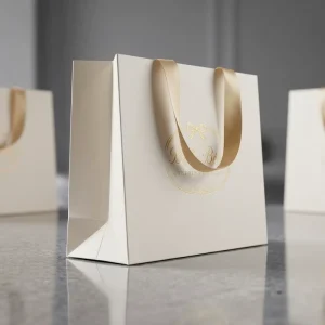 Custom Logo Luxury Ivory Paper Bag Belle Bébé Premium Children’s Boutique Shopping Bag with Gold Ribbon Gift Bag