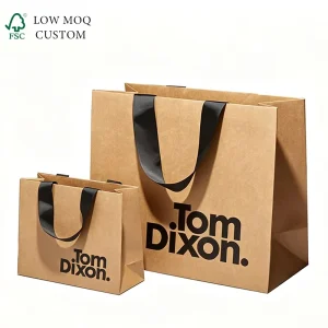 Custom Logo Luxury Kraft Paper Gift Bags Multi Sizes Black Ribbon Handle Eco Shopping Paper Bags for Clothing Boutique Packaging