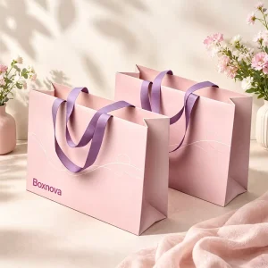 Custom Logo Luxury Paper Tote Bag Heavy Duty Paperboard Ribbon Handle Laminated Gold Foil for Cosmetic Boutique Gift Packaging