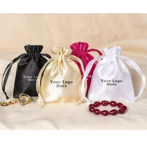 Custom Logo Luxury Satin Drawstring Pouch for Wig Packaging Premium Satin Jewelry Dust Bag Personalized Gift Bags