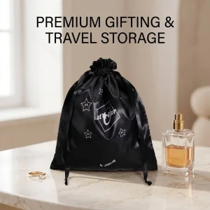 Custom Logo Luxury Satin Underwear Storage Drawstring Dust Bag Black Satin Wig Hat Gift Packaging Bag OEM